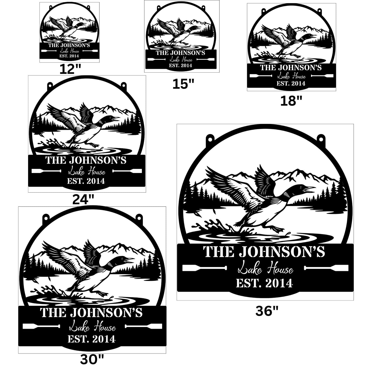 Personalized Loon Swimming Metal Wall Art – Custom Lake House Sign with Mountains & Pine Trees
