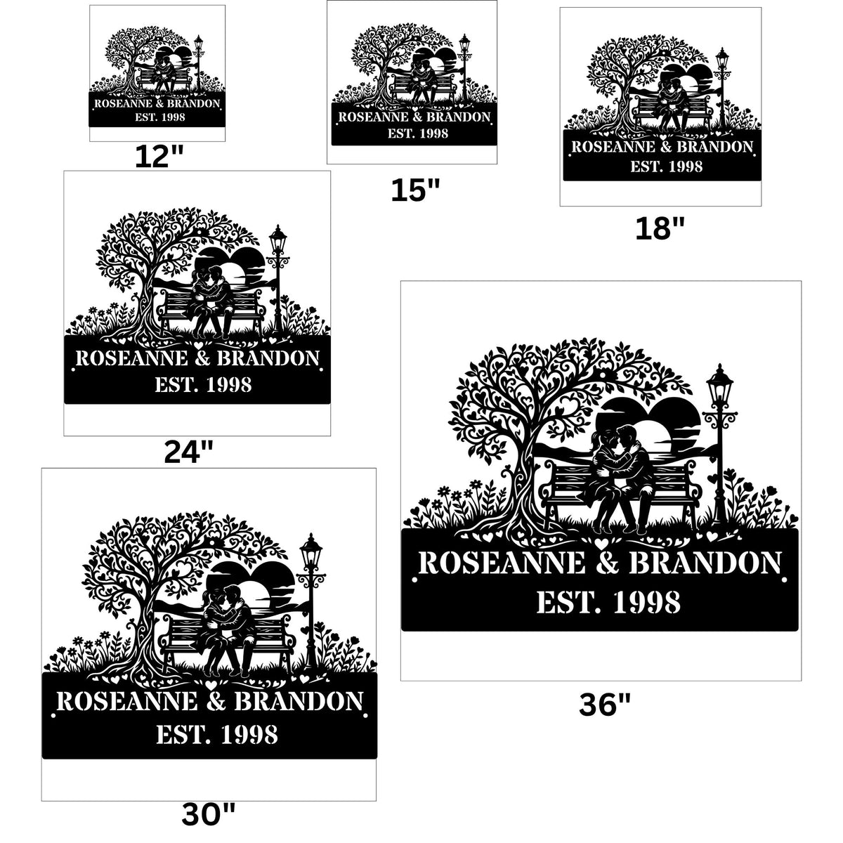 Custom Romantic Couple Metal Sign - Park Bench Tree Silhouette Wall Art - Personalized Wedding & Anniversary Gift