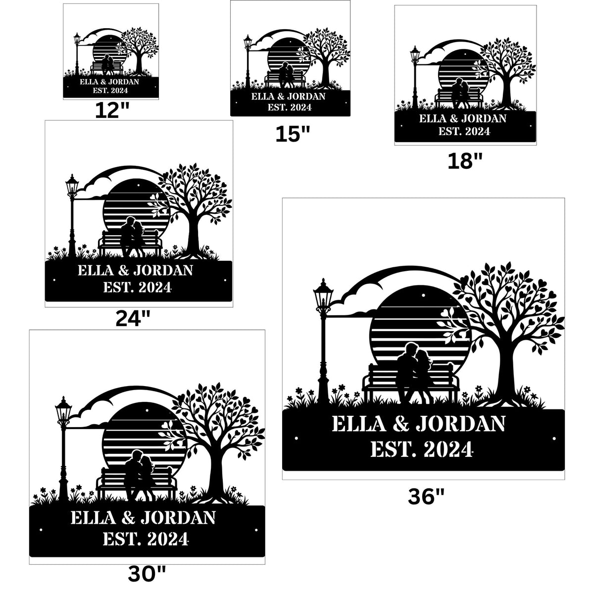 Personalized Couple Metal Wall Art - Romantic Bench Silhouette Sign - Anniversary & Wedding Gift - Steel Park Tree Decor