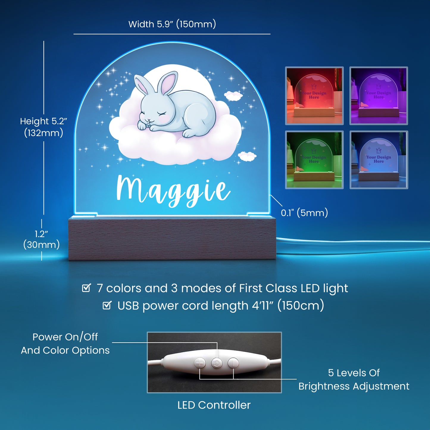 Cute Bunny Acrylic Night Light, Daughter Personalized Gift, Custom Name Night Light, Birthday or Christmas Gift , Grandkids Gift, Kids Bedroom NightLight