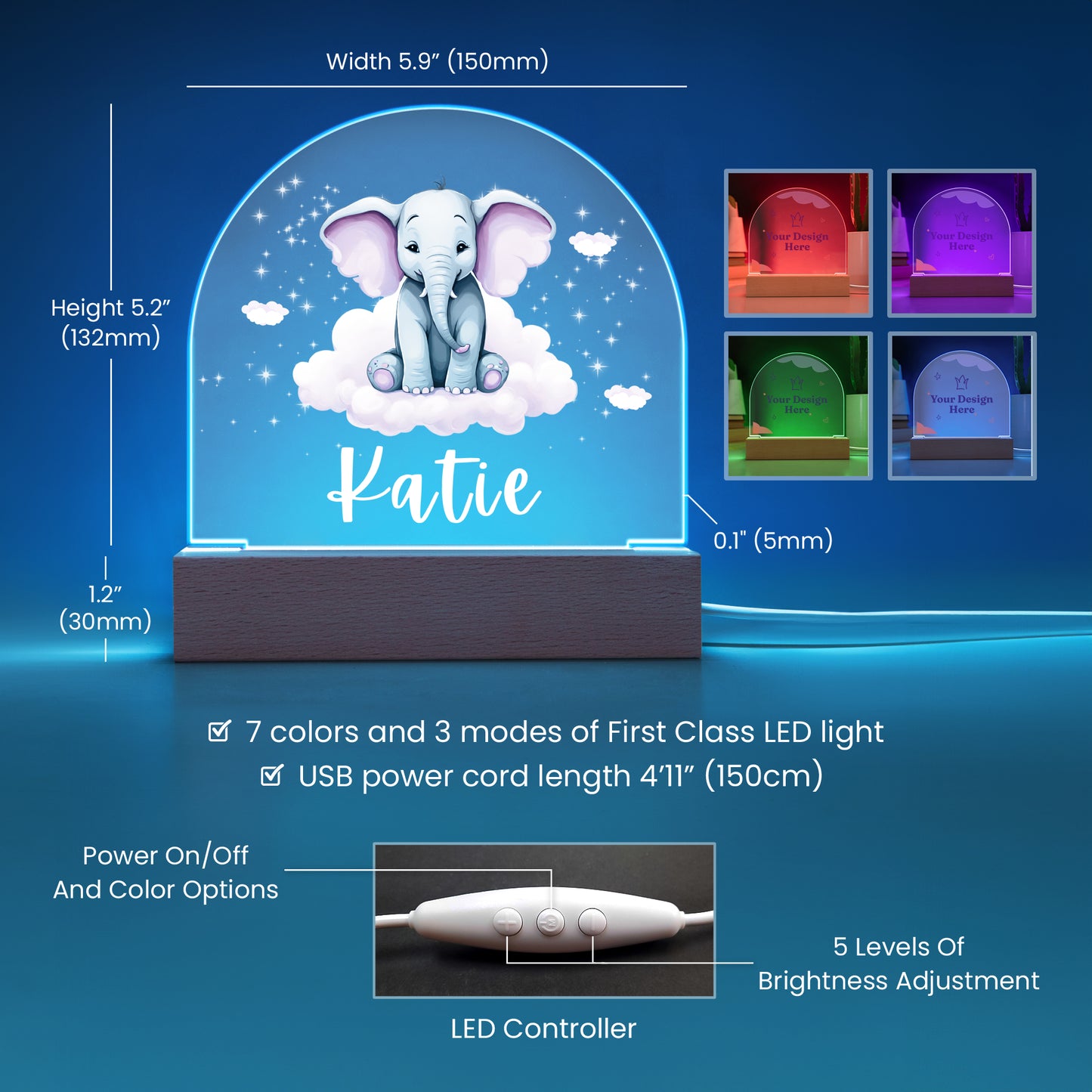 Acrylic Night Light for A Girl, Pink Elephant Acrylic Night Light, Birthday or Christmas Gift for Daughter or Niece, Granddaughter Gift, Kids Bedroom Decor