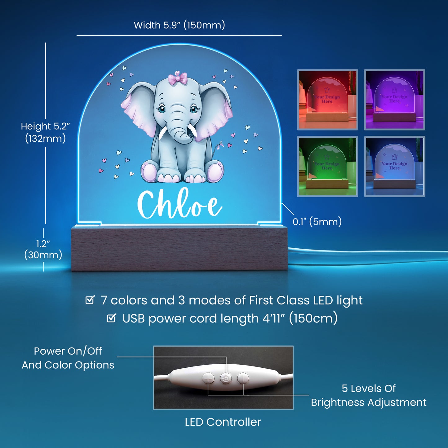 Pink Elephant Night Acrylic Light, Baby Girls Night Light, Birthday or Christmas Gift for Daughter or Niece, Bedroom Decor, Baby Shower Gift, Custom Name Night Light