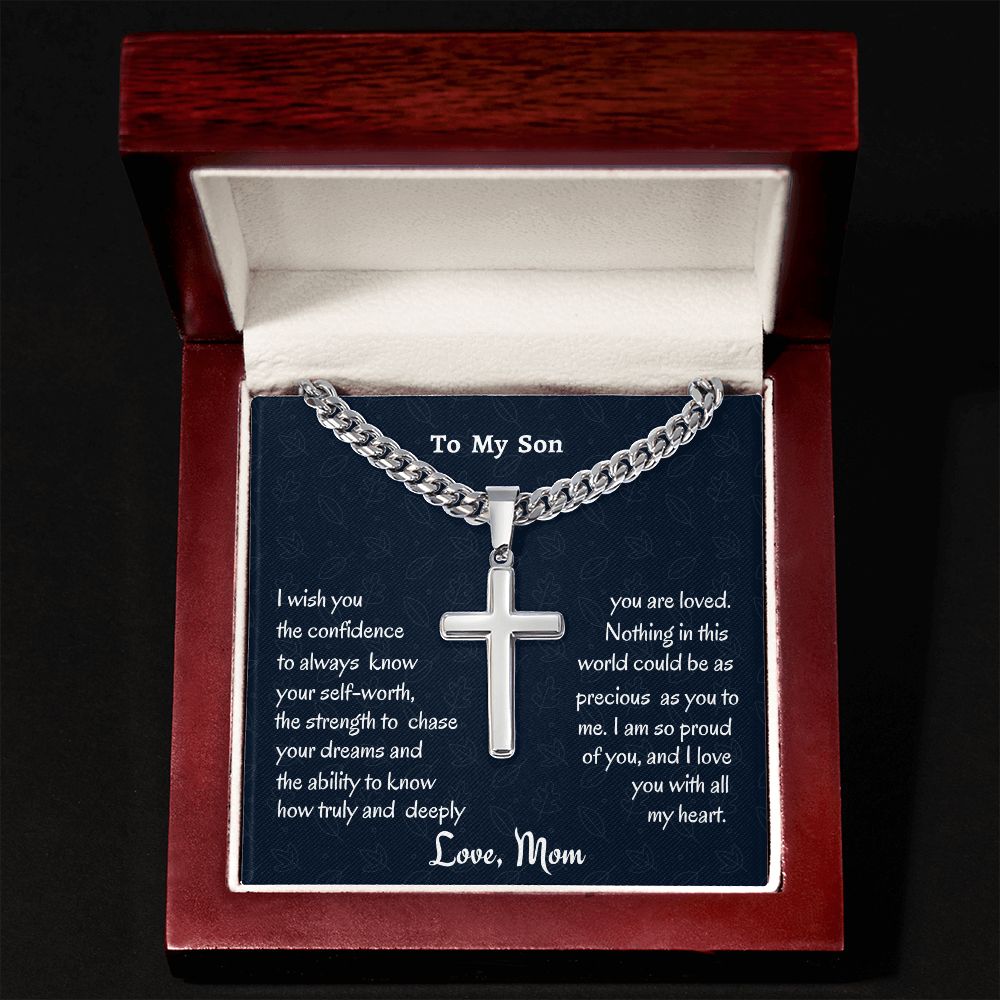 To My Son Personalized Steel Cross Necklace On Cuban Chain, Birthday Gift For Son, Meaningful Gift, Graduation Gift For Him, Christmas Gift From Mom.