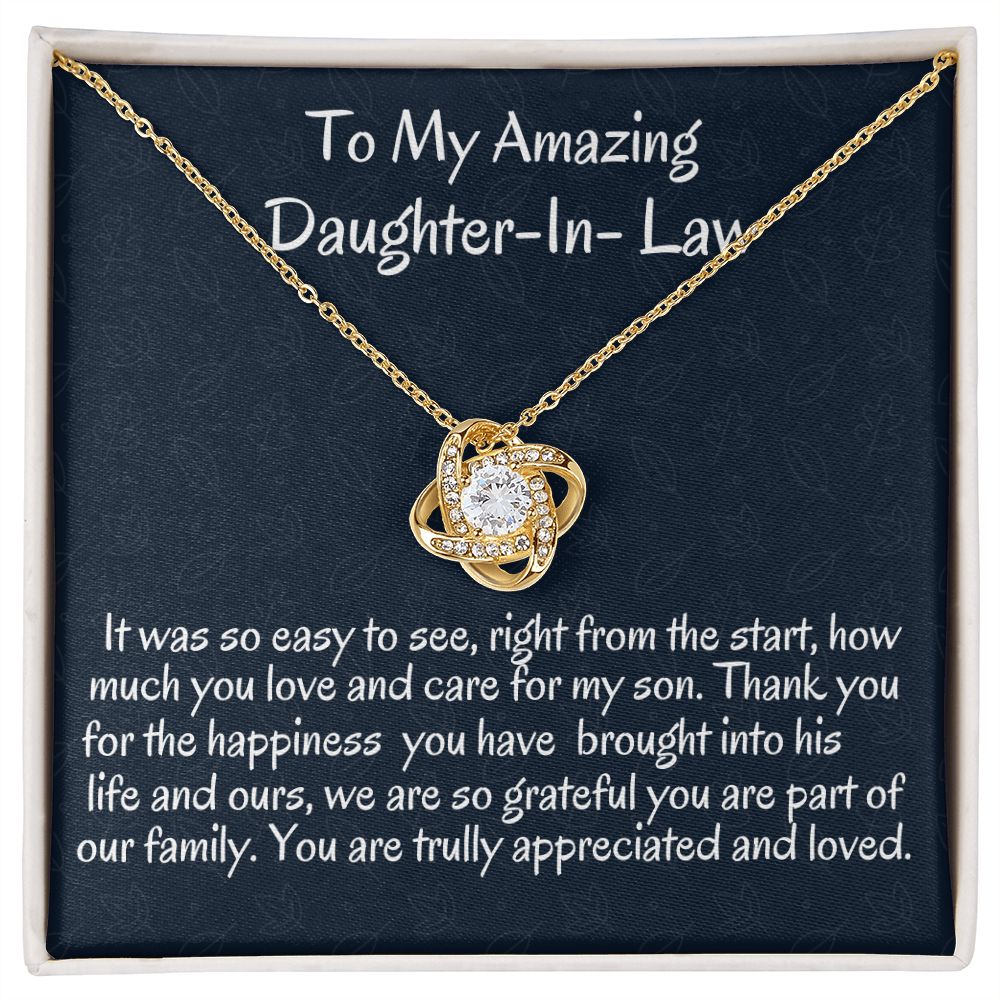 To My Amazing Daughter In -Law Love Knot Necklace, Birthday Gift For Her , Wedding Gift For My Daughter- In-Love ,Unique Jewelry Gift.