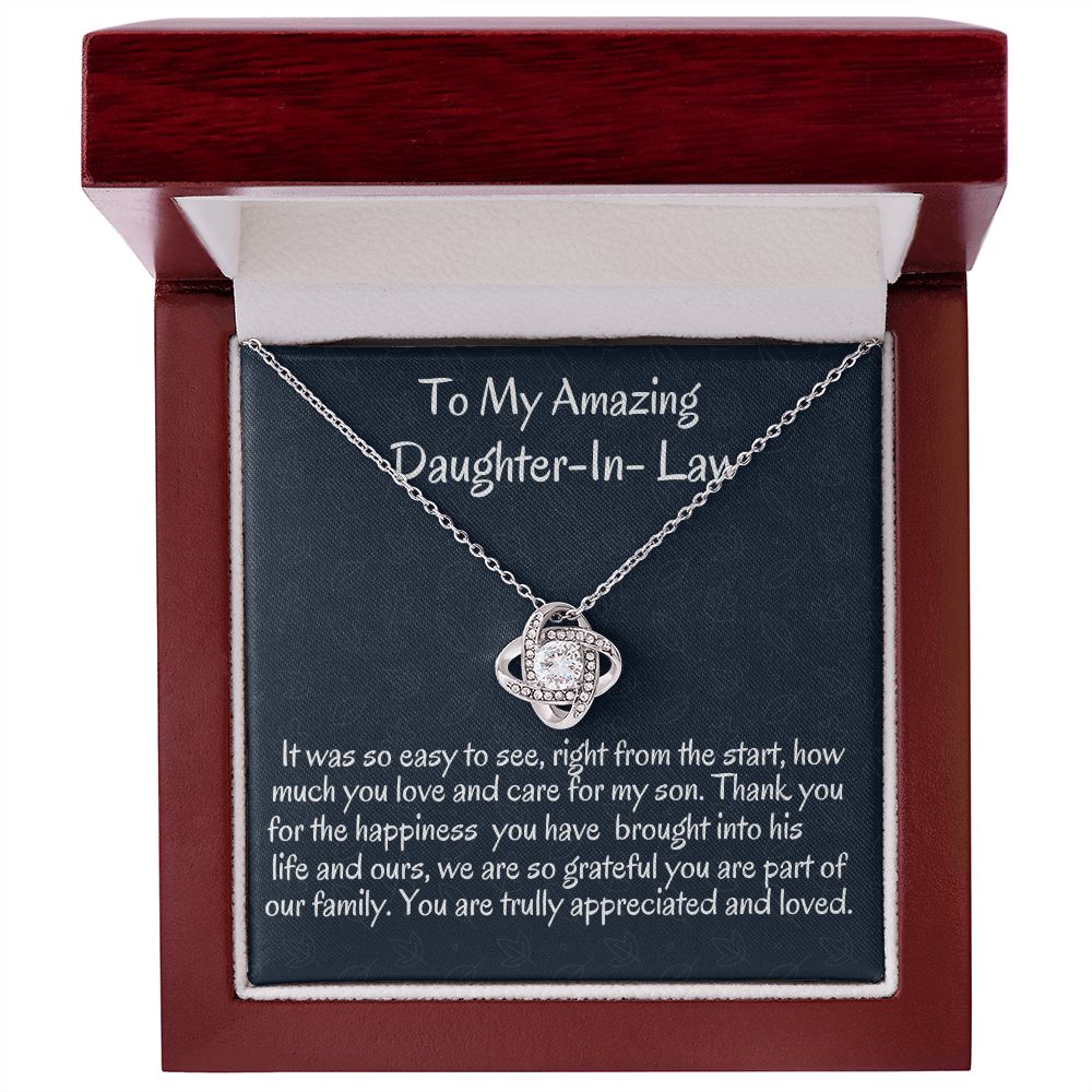 To My Amazing Daughter In -Law Love Knot Necklace, Birthday Gift For Her , Wedding Gift For My Daughter- In-Love ,Unique Jewelry Gift.