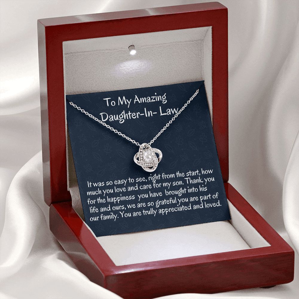 To My Amazing Daughter In -Law Love Knot Necklace, Birthday Gift For Her , Wedding Gift For My Daughter- In-Love ,Unique Jewelry Gift.
