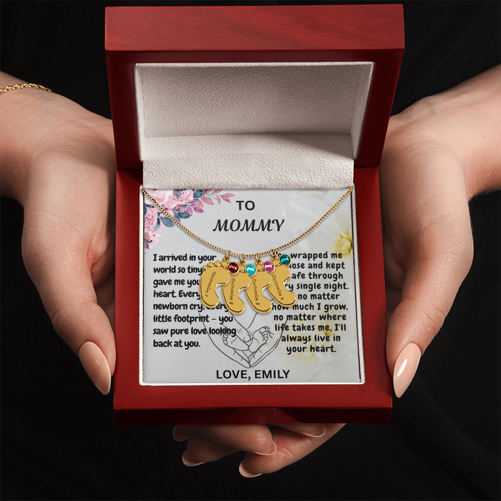 Personalized Engraved Birthstone Necklace, Mom Birthday Keepsake,4 Pendants Max, Baby Feet With Names Necklace.