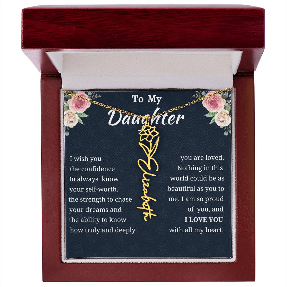 Personalized Birth Flower Handwritten Name Necklace, Daughter Name Birthday Necklace, Custom Birth Month Flower Necklace, Daughter Christmas Gift