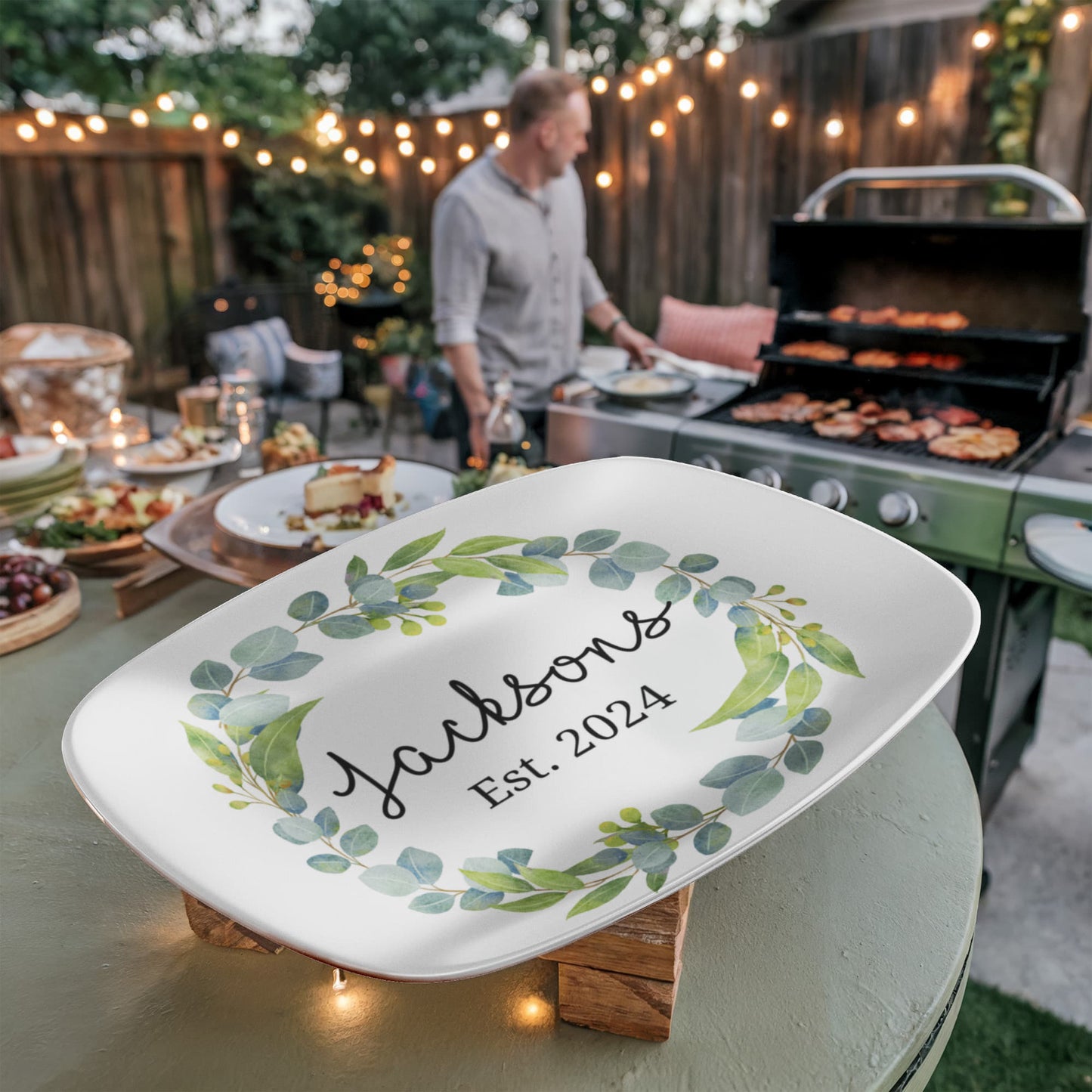 Custom Farmhouse Personalized Platter, Family Last Name Wreath Gift Plate for Wedding Shower Anniversary Housewarming