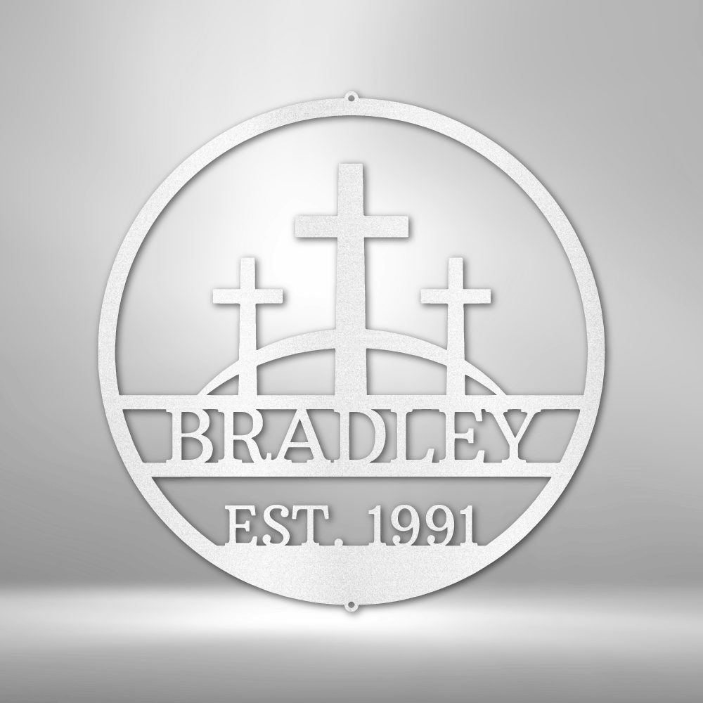 Three Crosses On a Hill Metal Monogram Sign, Calvary Crosses on a Hill Metal Art, Christian themed Plaque