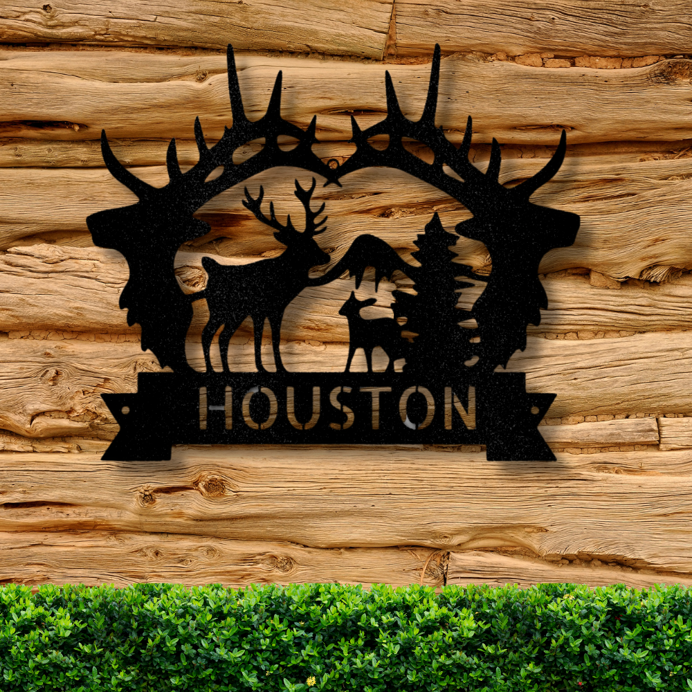 Custom Big Antler Monogram, Family Name Plaque, Cabin Metal Sign, Mountain Wedding Wall Art, Indoor Outdoor Sign, Deer Metal Sign