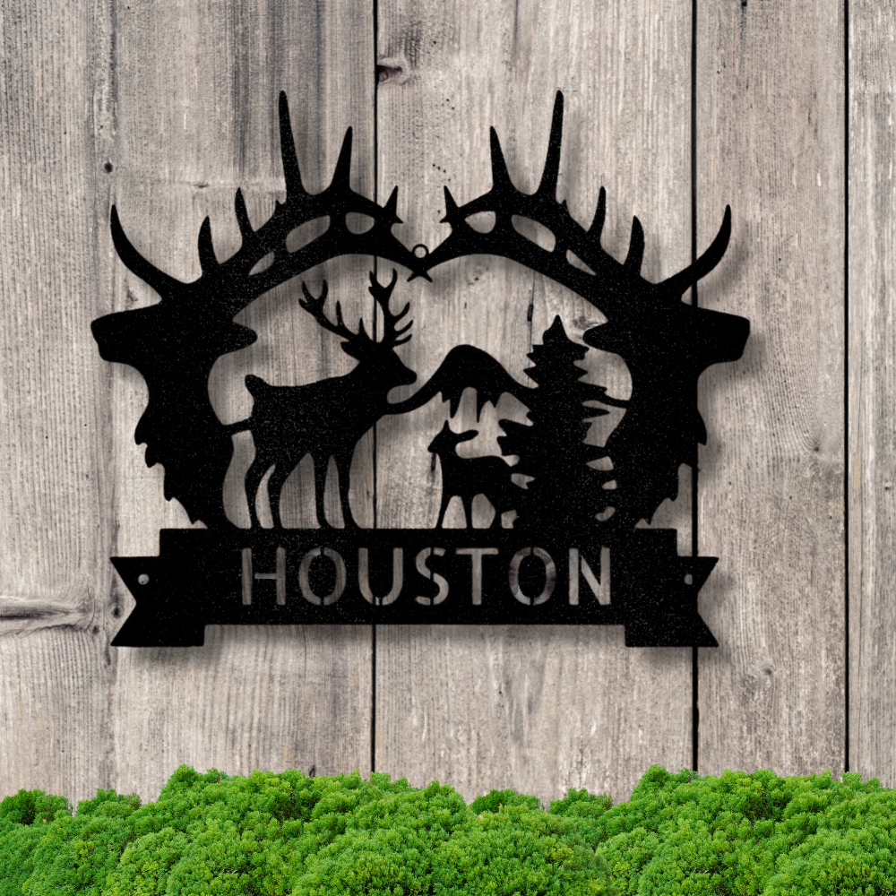 Custom Big Antler Monogram, Family Name Plaque, Cabin Metal Sign, Mountain Wedding Wall Art, Indoor Outdoor Sign, Deer Metal Sign