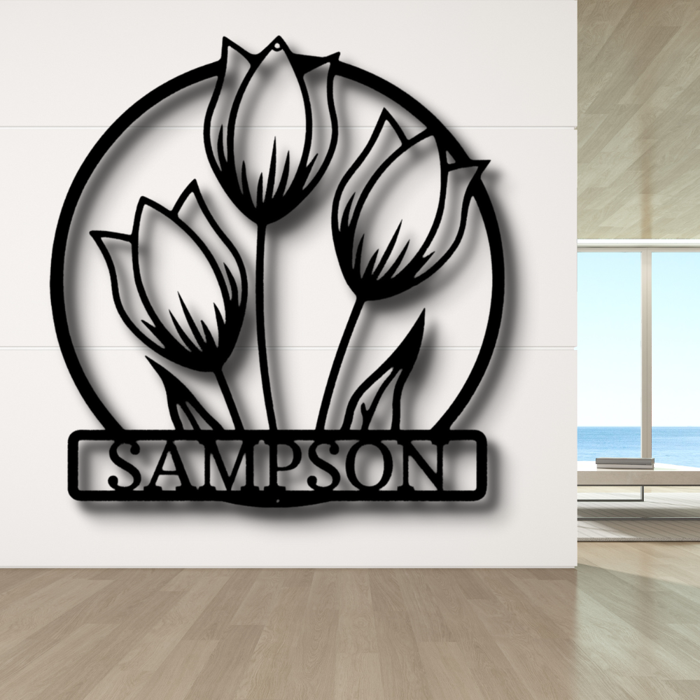Personalized Tulip Flower Last Name Metal Art, Floral Name Sign, Indoor Wall Hanging, Family Name Metal Sign, Gift For Her, Metal Flower Décor