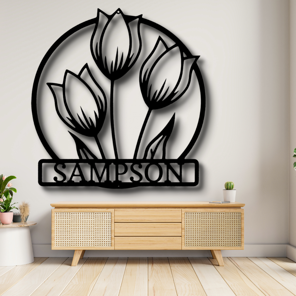 Personalized Tulip Flower Last Name Metal Art, Floral Name Sign, Indoor Wall Hanging, Family Name Metal Sign, Gift For Her, Metal Flower Décor