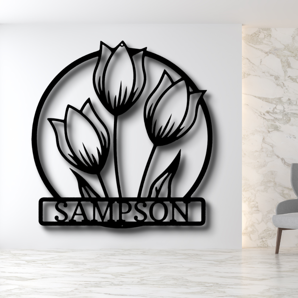 Personalized Tulip Flower Last Name Metal Art, Floral Name Sign, Indoor Wall Hanging, Family Name Metal Sign, Gift For Her, Metal Flower Décor