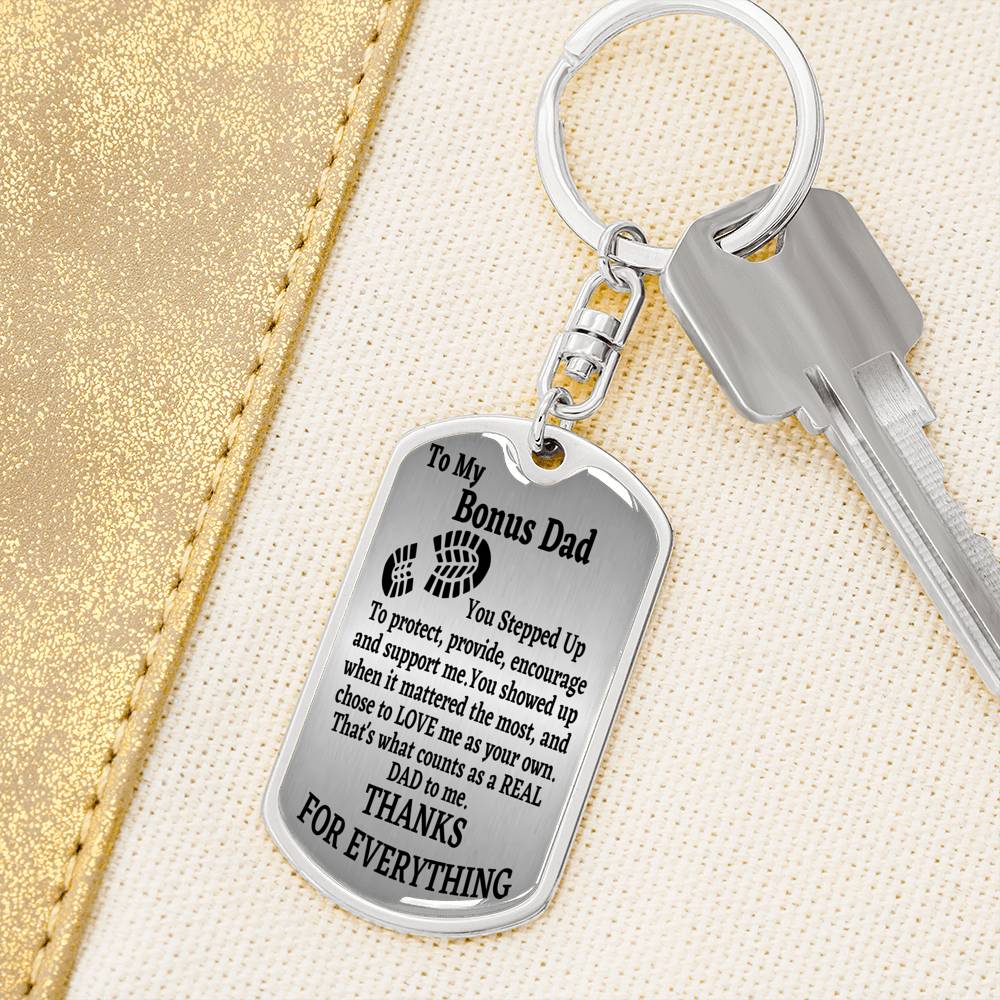 To My Bonus Dad Men’s Dog Tag Keychain Gift For Stepdad Father’s Day Gift, Stepped Up Dad Gift