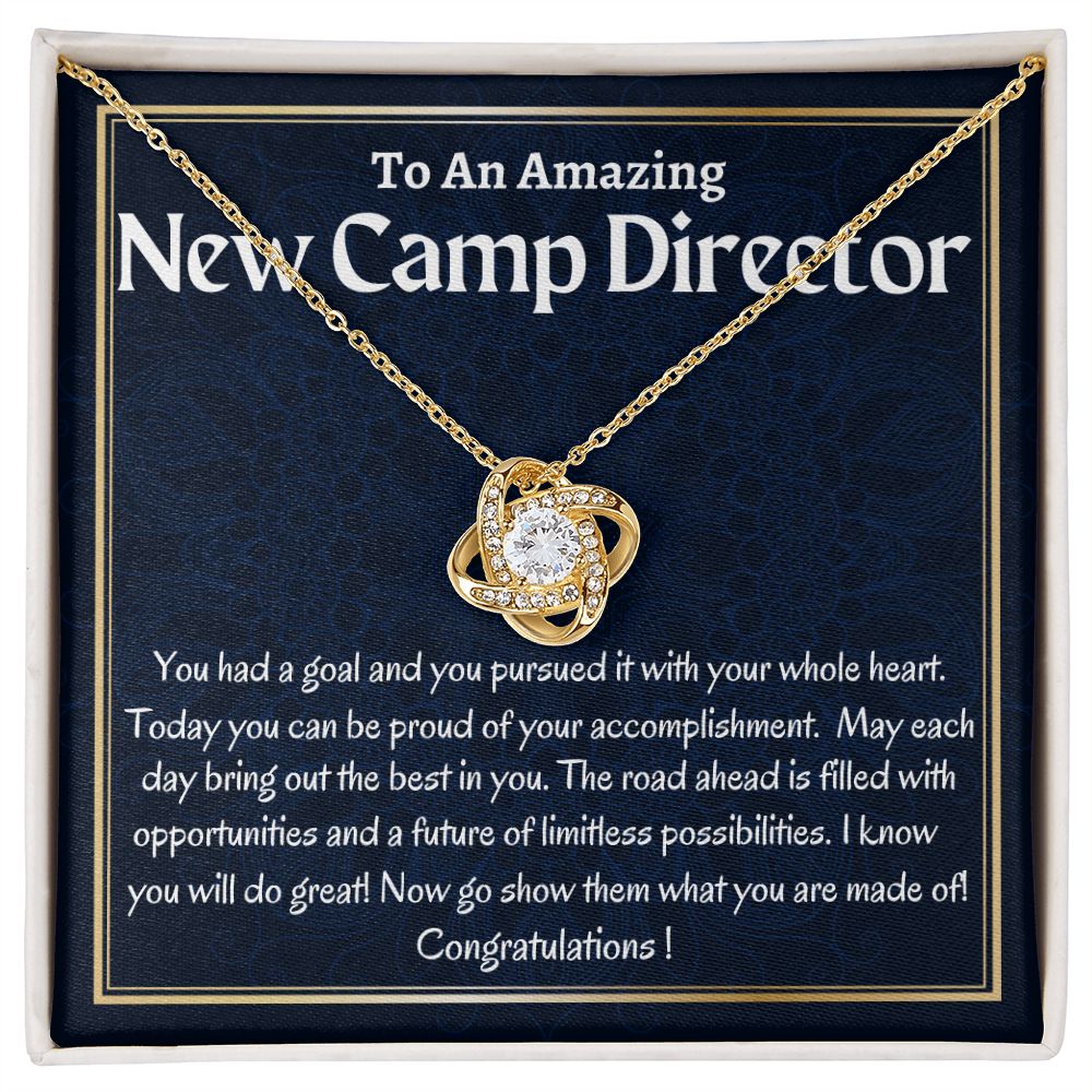 To An Amazing New Camp Director Love Knot Necklace, New Camp Director Jewelry Gift, Camp Director Necklace Gift, Congratulations Gift For Her.