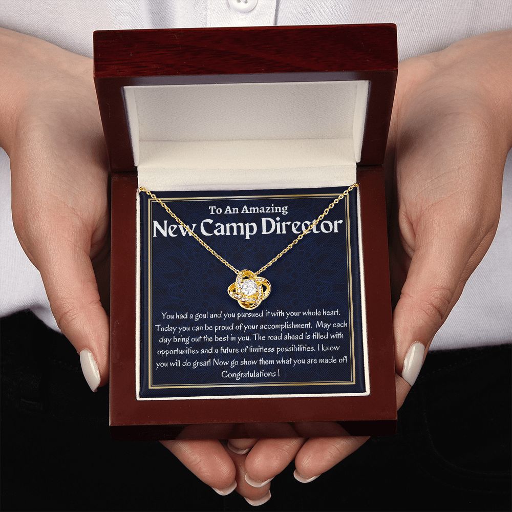 To An Amazing New Camp Director Love Knot Necklace, New Camp Director Jewelry Gift, Camp Director Necklace Gift, Congratulations Gift For Her.