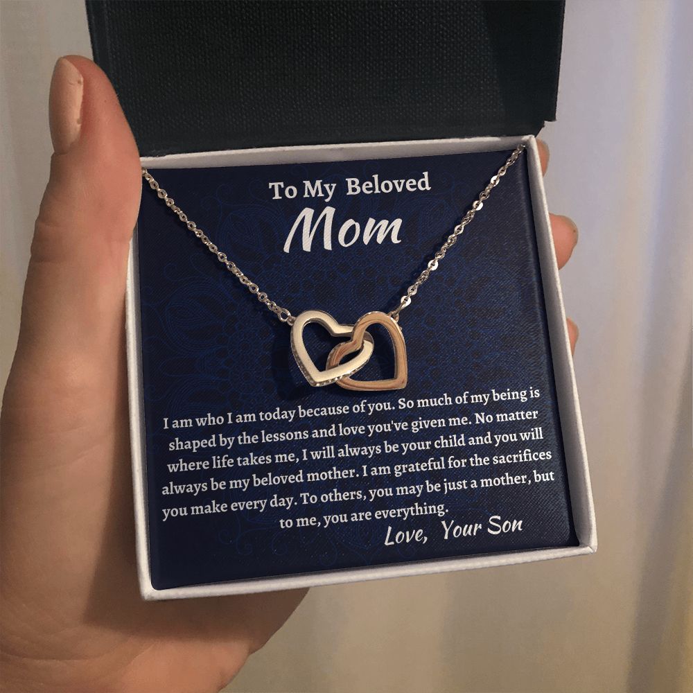 To My Beloved Mom Interlocking Hearts Necklace, Birthday Gift For Beloved Mom, Beloved Mom Valentine Gift, Son To Mom Gift