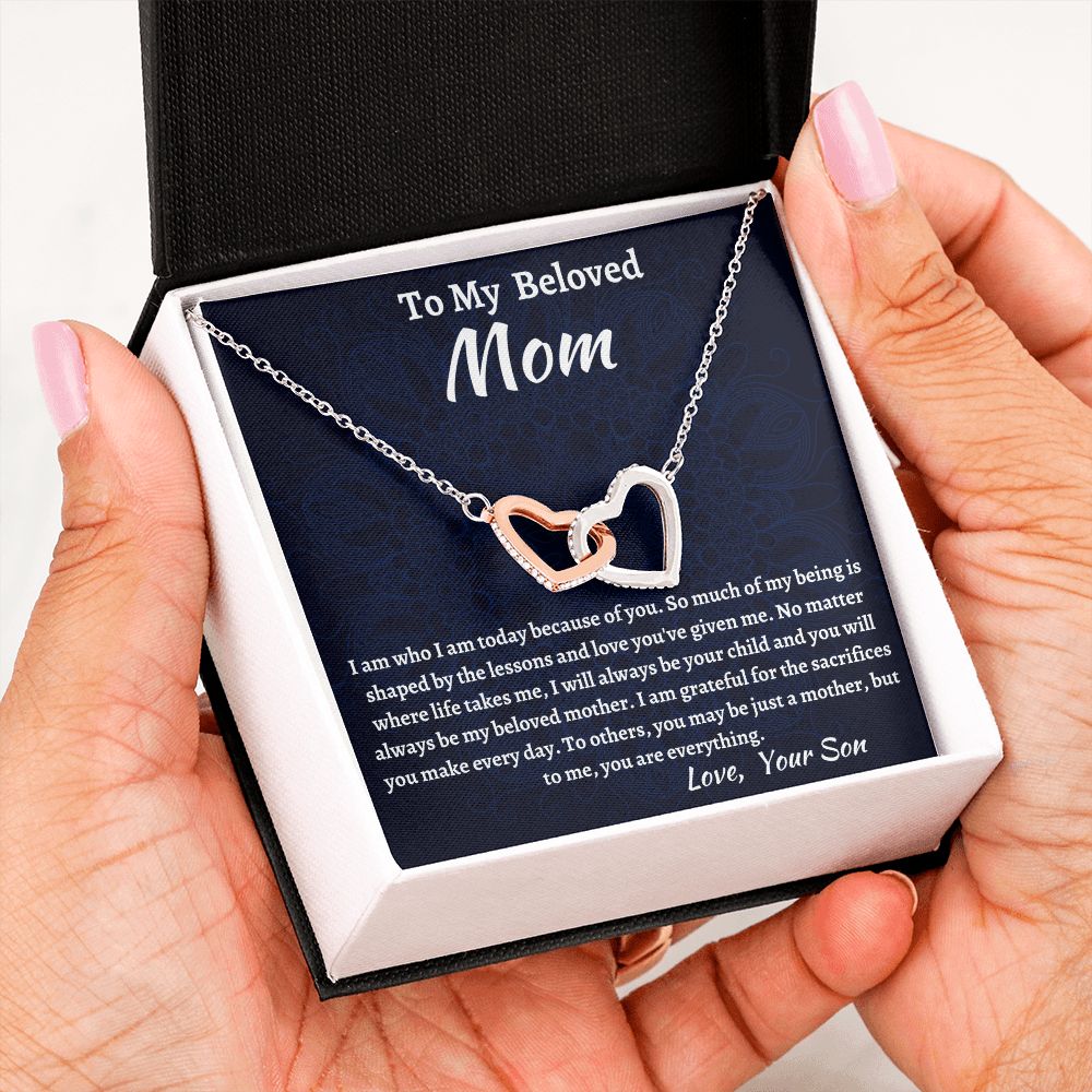 To My Beloved Mom Interlocking Hearts Necklace, Birthday Gift For Beloved Mom, Beloved Mom Valentine Gift, Son To Mom Gift
