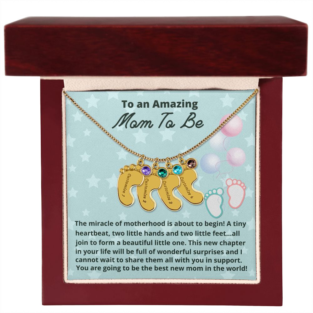 To An Amazing Mom To Be Custom Baby Feet Necklace, Engraved Baby Feet Necklace With Birthstone, Gift For New Mom, First Time Mom To Be Gift.