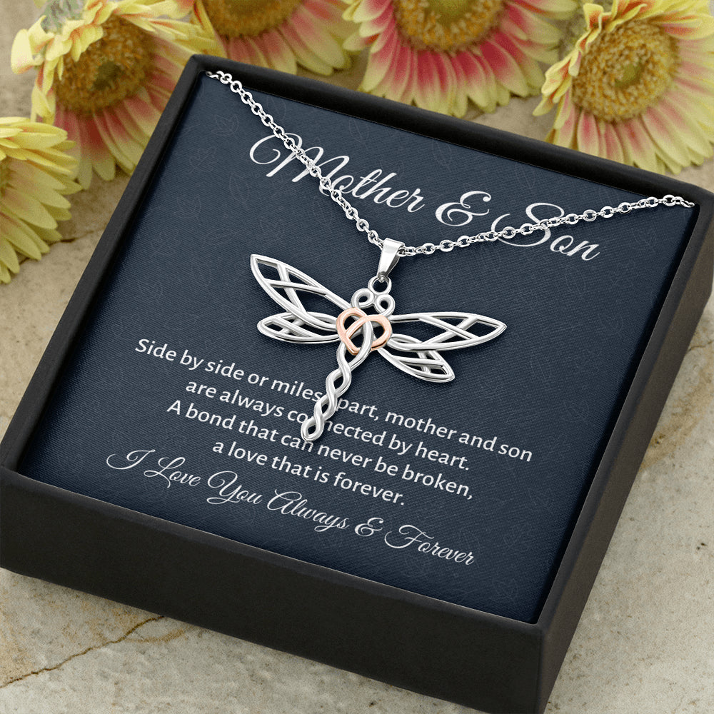 Mother & Son Dragonfly Necklace Gift, Mom Birthday Gift or Christmas Present from Son, To Parents Appreciation Gift