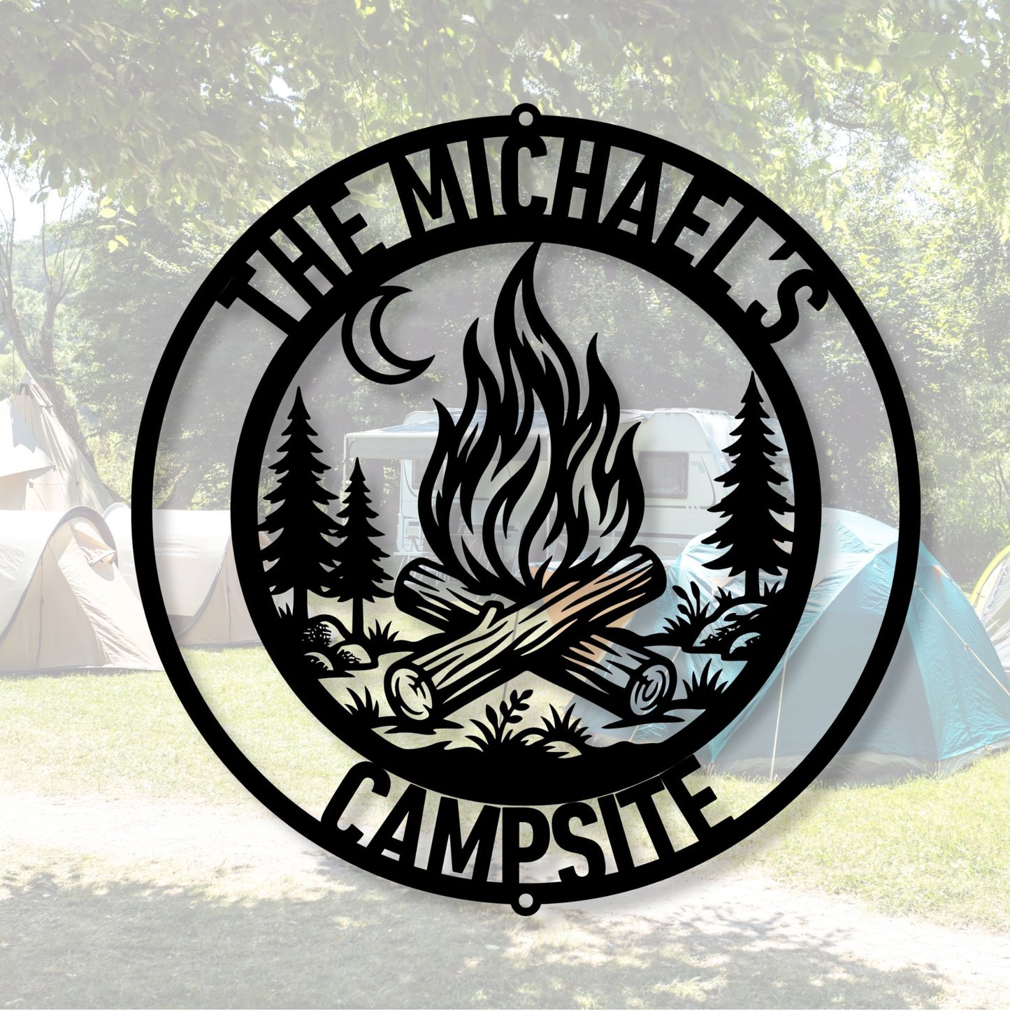 Personalized Camping Fire Metal Wall Art, , Personalized Family Camping Gift, Wilderness Forest Wall Art, Mountain Cabin Tree Decor, Backyard Metal Art