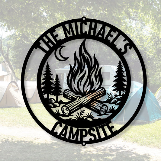 Personalized Camping Fire Metal Wall Art, , Personalized Family Camping Gift, Wilderness Forest Wall Art, Mountain Cabin Tree Decor, Backyard Metal Art