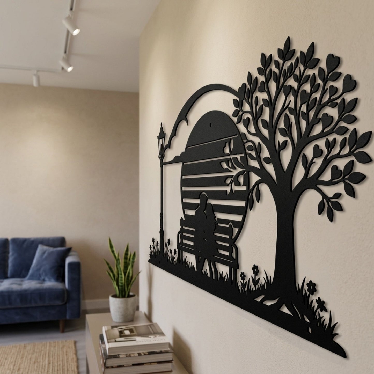 Romantic Couple Sitting on Bench Metal Sign, Steel Wall Decor for Living Room, Wedding Gift, Moon & Street Lamp Heart Tree Art