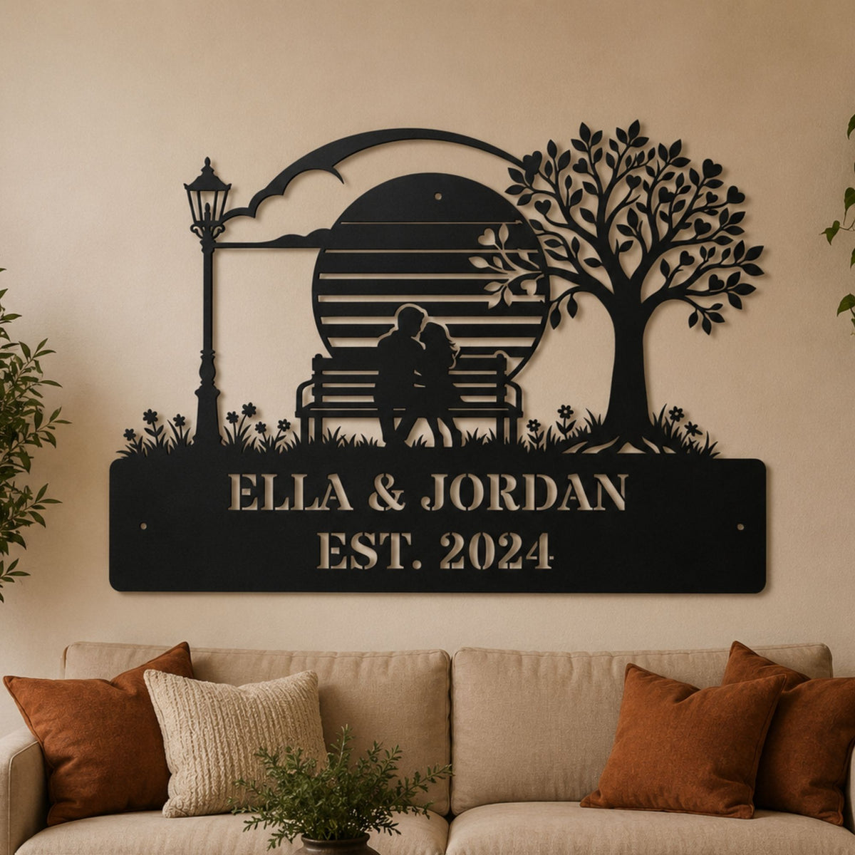 Personalized Couple Metal Wall Art - Romantic Bench Silhouette Sign - Anniversary & Wedding Gift - Steel Park Tree Decor