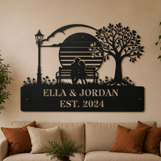 Personalized Couple Metal Wall Art - Romantic Bench Silhouette Sign - Anniversary & Wedding Gift - Steel Park Tree Decor