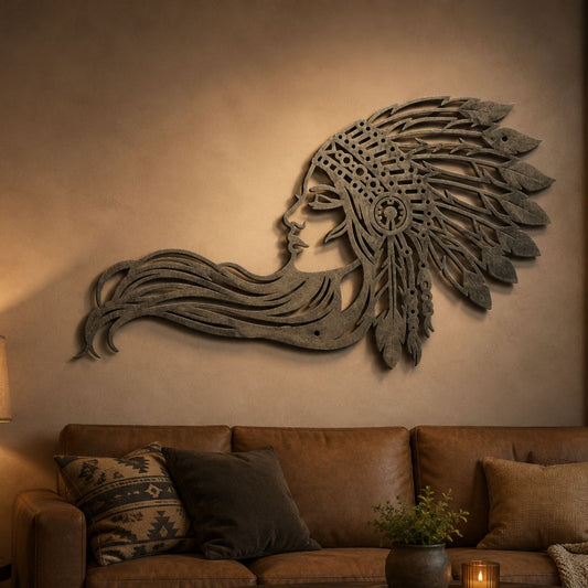 Native American Woman Metal Wall Art with Feather Headdress