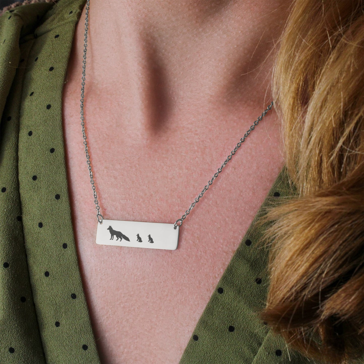 Mama Fox With Baby Cubs Necklace, Mama Fox Permanent Laser Engraved Necklace,  Fox Family Bar Jewelry.