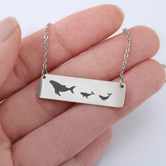 Whale  Mama Necklace, Mom Necklace Gift, Laser Engraved Horizontal Bar Necklace,  Birthday Gift For Her.