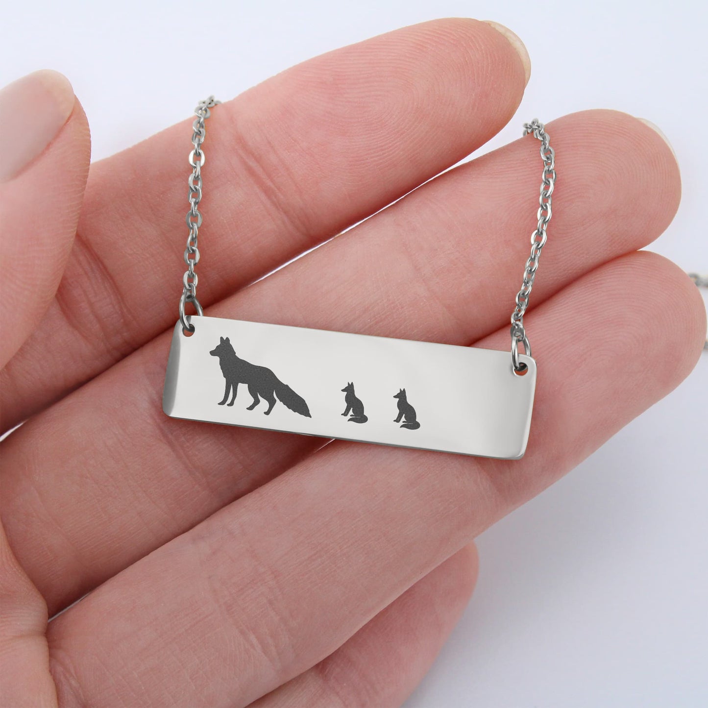 Mama Fox With Baby Cubs Necklace, Mama Fox Permanent Laser Engraved Necklace,  Fox Family Bar Jewelry.
