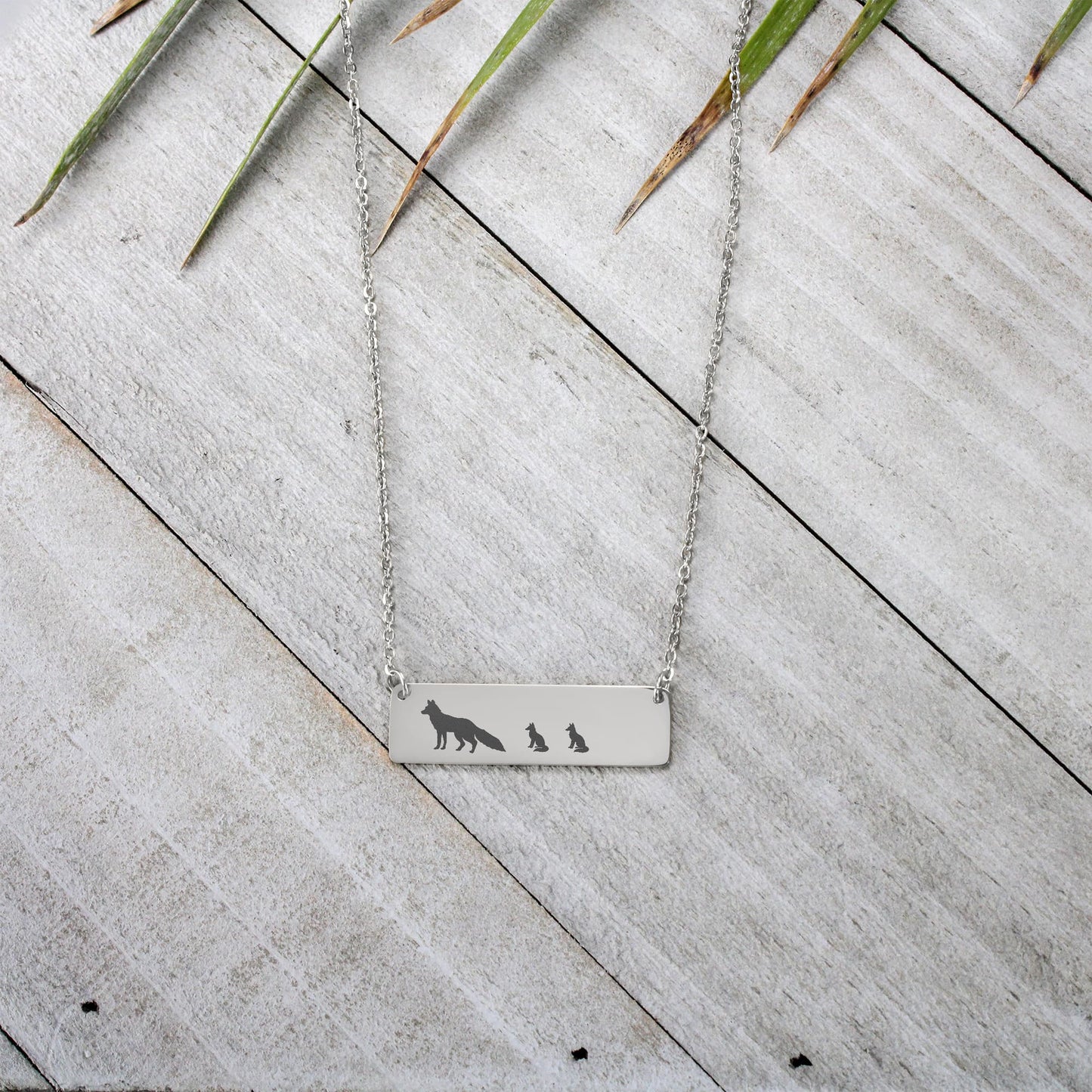 Mama Fox With Baby Cubs Necklace, Mama Fox Permanent Laser Engraved Necklace,  Fox Family Bar Jewelry.