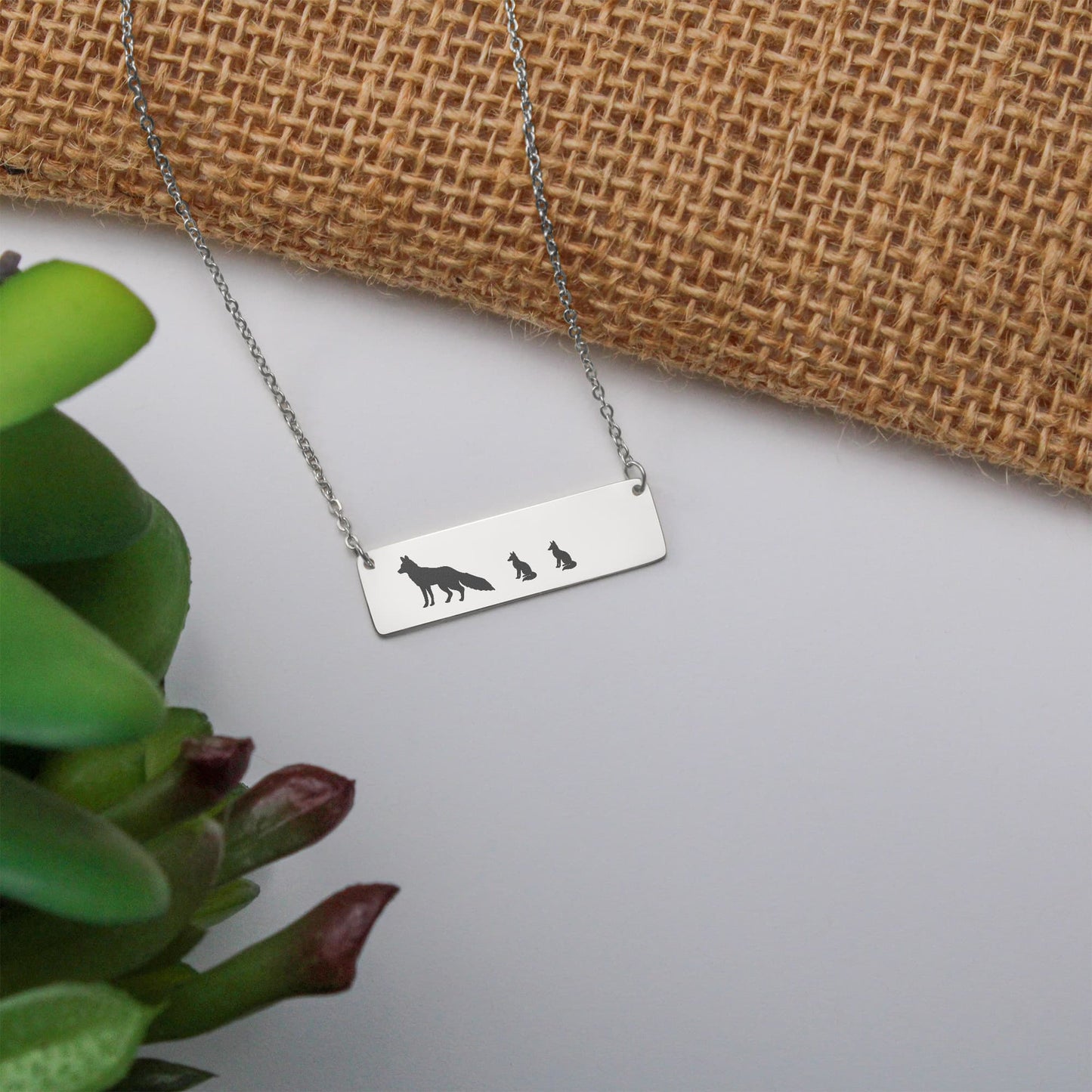 Mama Fox With Baby Cubs Necklace, Mama Fox Permanent Laser Engraved Necklace,  Fox Family Bar Jewelry.