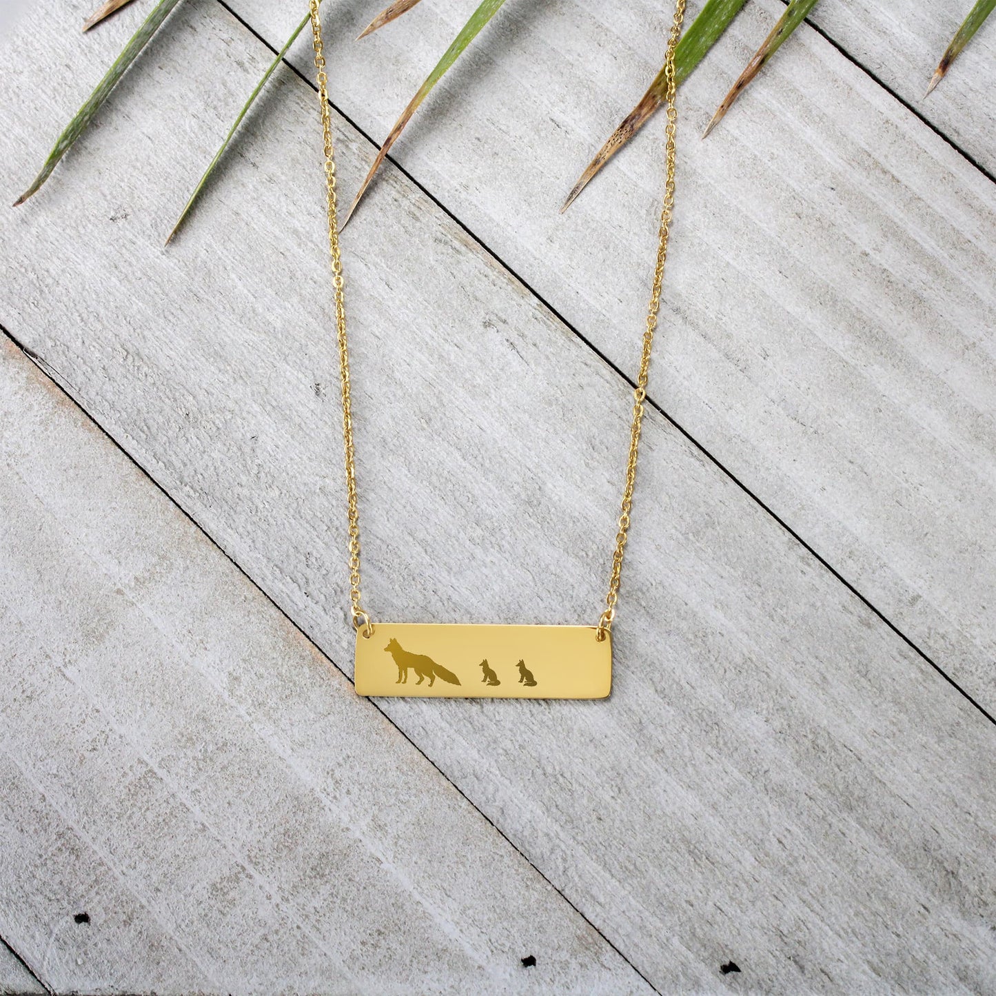 Mama Fox With Baby Cubs Necklace, Mama Fox Permanent Laser Engraved Necklace,  Fox Family Bar Jewelry.