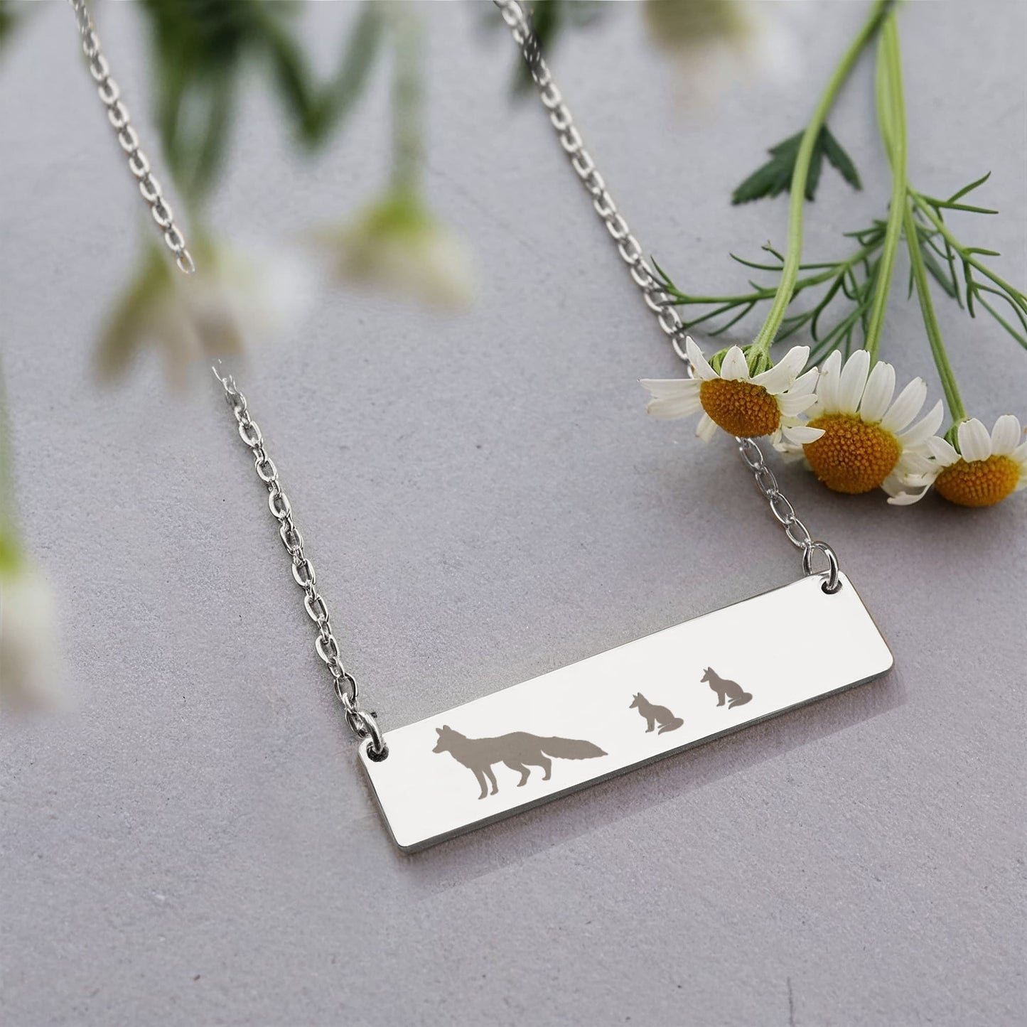 Mama Fox With Baby Cubs Necklace, Mama Fox Permanent Laser Engraved Necklace,  Fox Family Bar Jewelry.