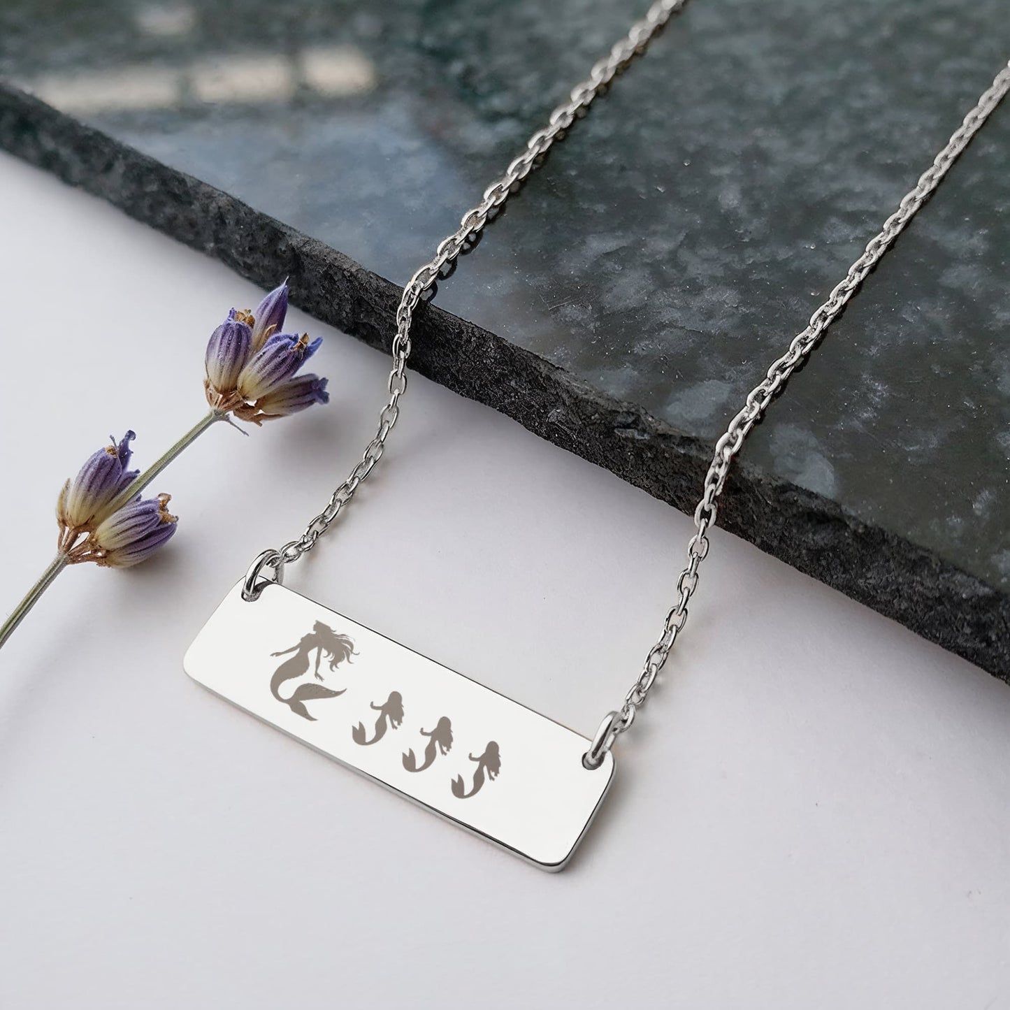 Mermaid Mama Necklace, Mermaid Family Jewelry, Birthday Gift for New Mom, Laser Engraved Mermaid Bar Necklace.