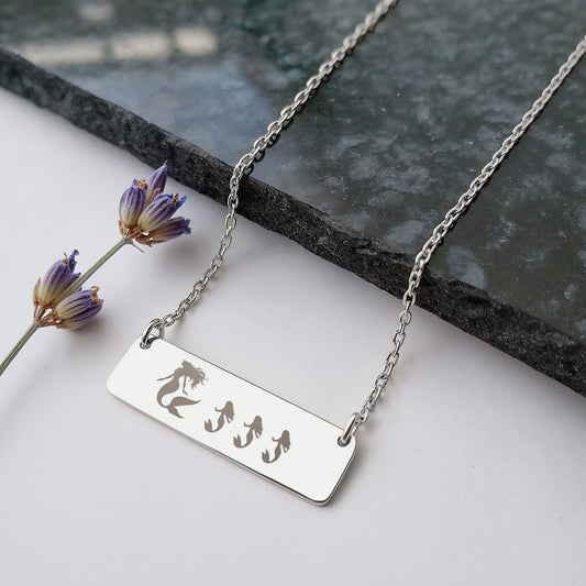 Mermaid Mama Necklace, Mermaid Family Jewelry, Birthday Gift for New Mom, Laser Engraved Mermaid Bar Necklace.