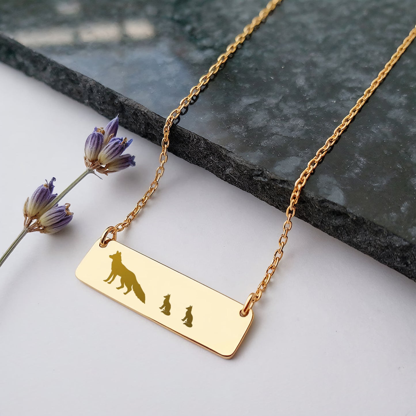 Mama Fox With Baby Cubs Necklace, Mama Fox Permanent Laser Engraved Necklace,  Fox Family Bar Jewelry.