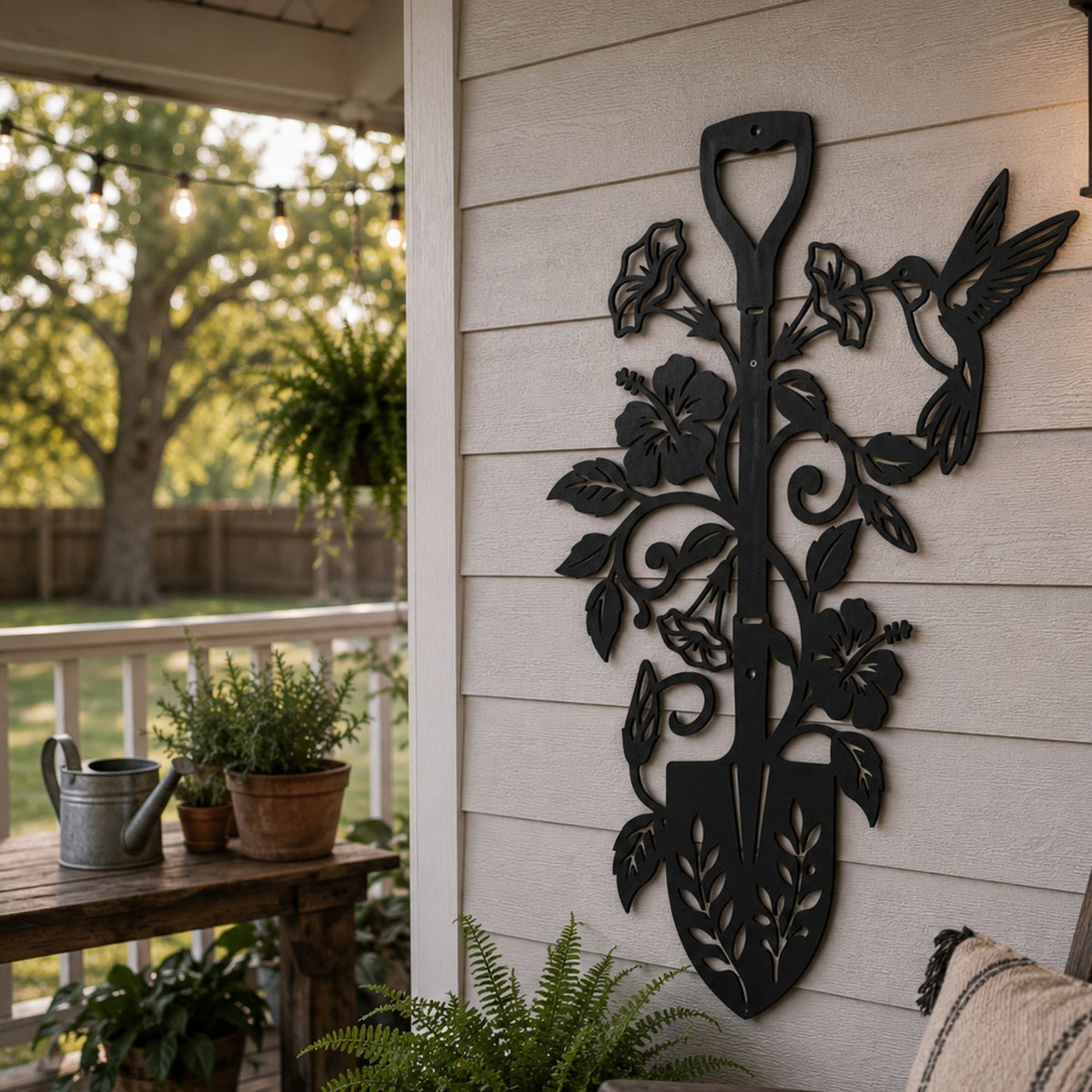 Metal Garden Shovel Wall Art with Hummingbird & Flowers, Rustic Outdoor Spade Sign, Floral Yard Decor, Nature Gift for Gardeners