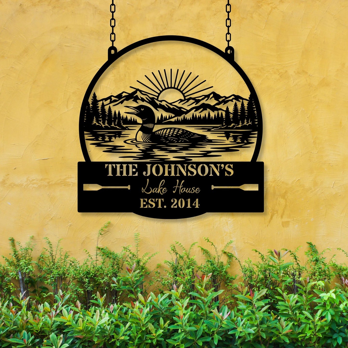 Personalized Loon Swimming Metal Wall Art – Custom Lake House Sign with Mountains & Pine Trees