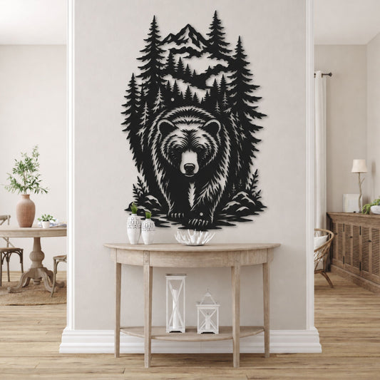 Majestic Mountain Bear Metal Wall Art, Wilderness Forest Cabin Decor, Rustic Nature Wildlife Steel Sign, Outdoor Patio Lake House Gift