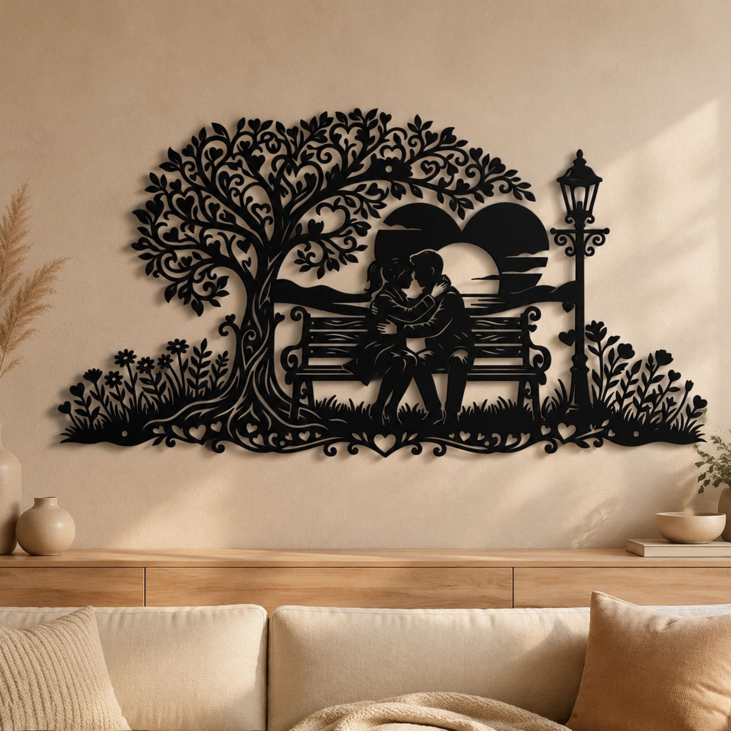 Custom Couple Park Bench Metal Wall Art, Romantic Anniversary Gift, Love Tree Outdoor Garden Decor, Bedroom Wall Hanging