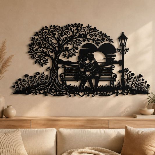 Custom Couple Park Bench Metal Wall Art, Romantic Anniversary Gift, Love Tree Outdoor Garden Decor, Bedroom Wall Hanging