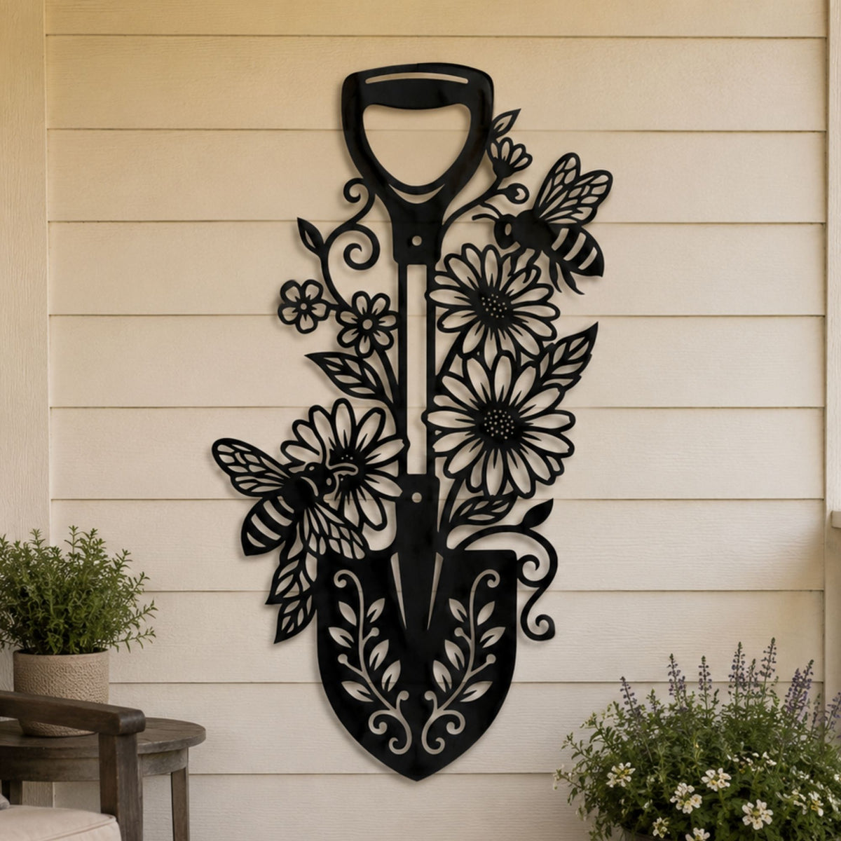 Bee Garden Shovel Metal Wall Art, Floral Spade Sign, Outdoor Backyard Decor, Mother's Day Gift for Gardener, Honey Bee Lawn Art