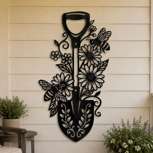 Bee Garden Shovel Metal Wall Art, Floral Spade Sign, Outdoor Backyard Decor, Mother's Day Gift for Gardener, Honey Bee Lawn Art