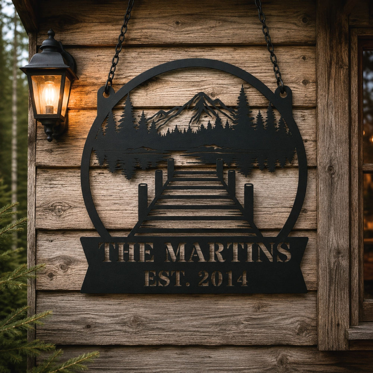 Personalized Lake House Sign Metal Wall Art, Mountain & Forest Scene, Custom Cabin Name Sign, Lake Dock Outdoors Decor, Gift for Outdoorsmen